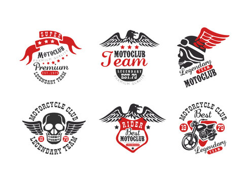 Motorcycle club retro badges set. Biker club, motorcycle repair shop, t-shirt print vintage labels vector illustration