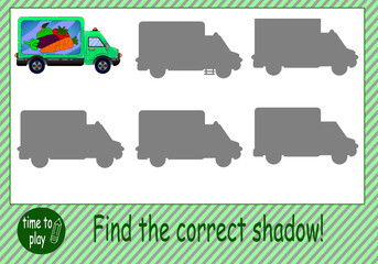 Children's educational game. logic game. find the correct shadow. funny cars. education. children's book.