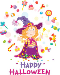 Happy little Halloween witch illusionist waving her magic wand and conjuring funny tricks with flying colorful sweets, vector cartoon illustration isolated on a white background