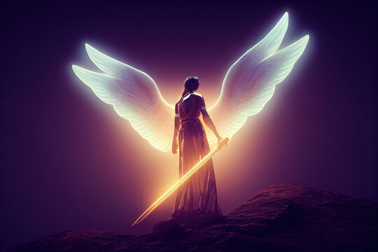 Beautiful illuminated light shining wings angel holding flaming sword