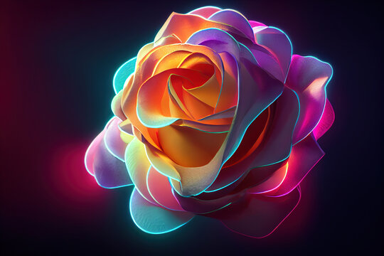 Fantasy Magical Dark Background With Magic Rose Flower Reflection Neon Light On Edge