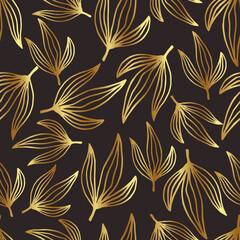 Floral seamless pattern, golden brown leaves on dark background, vintage theme