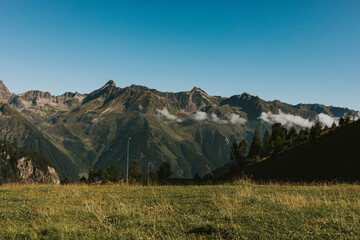 Morning view of Seeköpfe peak, in the Alps, from Idalpe Ski Station, at summer, in Ischgl, Tyrol, Austria