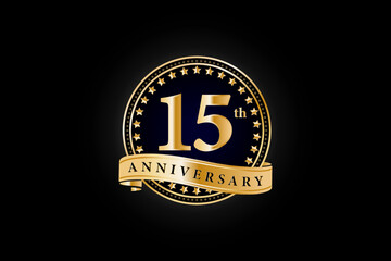 15th anniversary golden gold logo with gold ring and ribbon isolated on black background, vector design for celebration. - obrazy, fototapety, plakaty