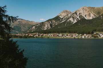 Lake Muta and San Valentino alla Muta village in South Tyrol, Italy.
