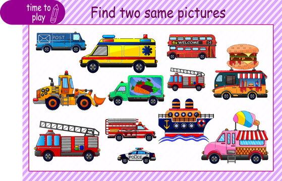Logic puzzle for children. find two identical objects. Suitable game, educational game for kids. Vector worksheet design for preschoolers.