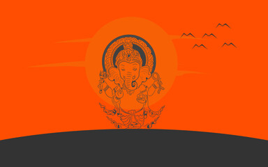 Indian Ganesha emblem on orange background at sunset