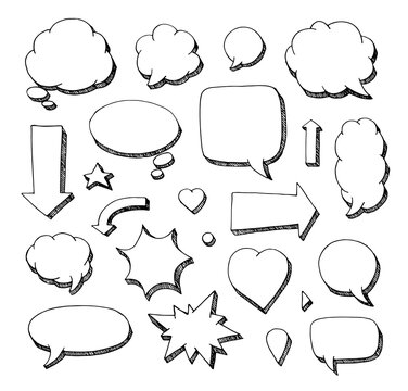 Hand drawn set of speech bubbles and arrows.  Frames for text