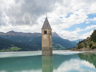 Landscape of lake Reschensee in South Tyrol, Italy