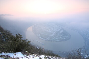 View over the Moselle loop in Bremm, the Calmont vineyard & vantage point. Beautiful sunrise in the...