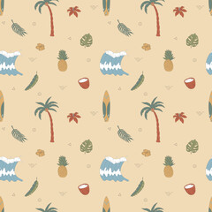 Seamless pattern with hand-drawn elements with a surf theme. Wave, surf, palm trees and more.