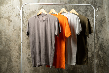 Plain t-shirts of various colors are hung on the clothes rack.