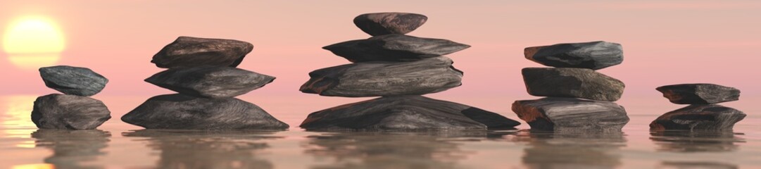 Pyramids of stones on the water at sunset, spa background, 3d rendering