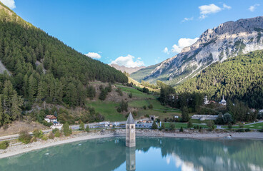 drone flight over Lake Reschensee in South Tyrol