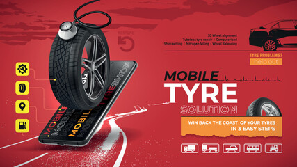Mobile Tyre Solution. Web banner. Advertisement red poster with car tyre wheel rim with rubber. Tubules tyre repair. Wheel balancing. Shim setting. 3D wheel alignment. Phone quick help in the road.