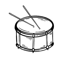 Drum musical instrument style  hand drawn. Vector black and white doodle illustration