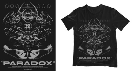 Retro futuristic poster with text "paradox" . Abstract print with noise, for streetwear, print for t-shirts and sweatshirts on a black background