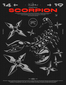 Retro futuristic poster with scorpion and shurikens. Abstract print, for streetwear, print for t-shirts and sweatshirts on a black background