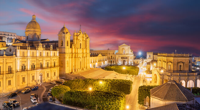 Landscape with medieval town of Noto at night, Sicily islands, Italy