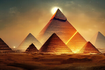 Desert with the great pyramids of ancient Egypt. Giza with pyramids. Fantasy desert landscape. Illuminated neon pyramids. 3D illustration.