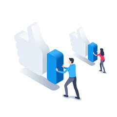 isometric vector illustration isolated on white background, man and woman push like icons, social media and marketing