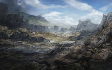 Fototapeta na wymiar Fantastic Epic Magical Landscape of Mountains. Summer nature. Mystic Valley, tundra, forest, hills. Game assets. Celtic Medieval RPG gaming background. Rocks and grass. Ruins of an old castle 
