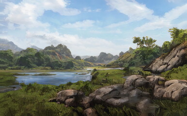 Fantastic Epic Magical Landscape of Mountains. Summer nature. Mystic Valley, tundra, forest, hills. Game assets. Celtic Medieval RPG gaming background. Rocks and grass. Lake and River