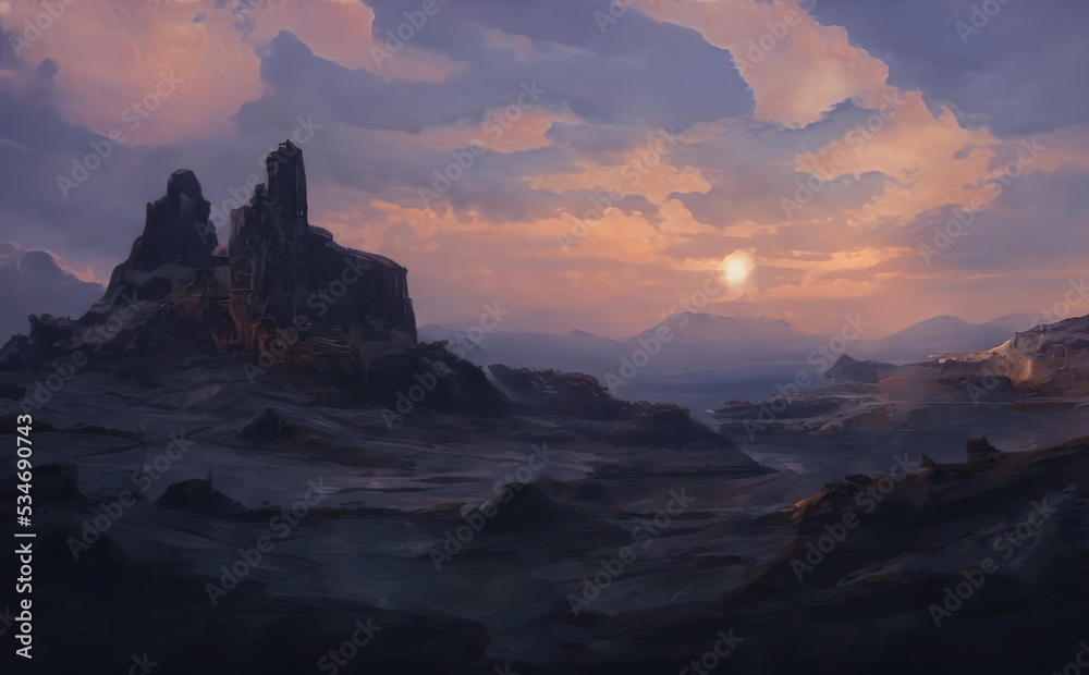 Wall mural Fantastic Epic Magical Landscape of Mountains. Summer nature. Mystic Valley, tundra, forest, hills. Game assets. Celtic Medieval RPG gaming background. Rocks and grass. Sunrise and sunset