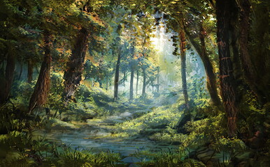 Fantastic Epic Magical Forest Landscape. Summer beautiful mystic nature. Gaming assets. Celtic Medieval RPG background. Grass and green trees.	Autumn and summer