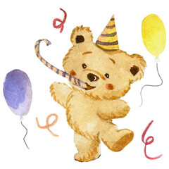 watercolor illustration with teddy bear, balloons, confetti