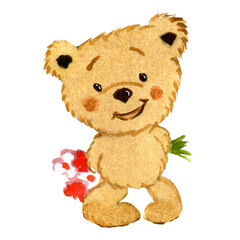 watercolor illustration with a cute teddy bear hiding flowers behind his back