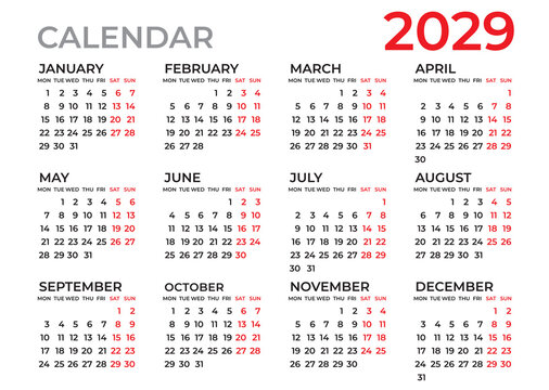 Calendar 2029 template, Planner 2029 year, Wall calendar 2029 template, Week Starts Monday, Set of 12 calendar, advertisement, printing, organization and business, stationery, simple minimal.