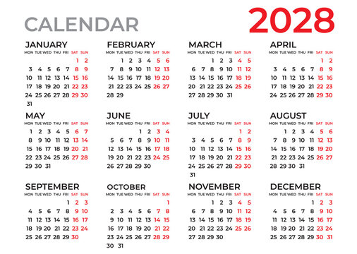 Calendar 2028 template, Planner 2028 year, Wall calendar 2028 template, Week Starts Monday, Set of 12 calendar, advertisement, printing, organization and business, stationery, simple minimal.