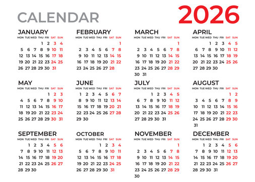 Calendar 2026 template, Planner 2026 year, Wall calendar 2026 template, Week Starts Monday, Set of 12 calendar, advertisement, printing, organization and business, stationery, simple minimal.