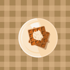 Belgian waffles with white whipped cream in saucer on the brown checkered surface. Vector illustration