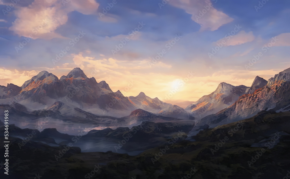 Wall mural Fantastic Epic Magical Landscape of Mountains. Summer nature. Mystic Valley, tundra, forest, hills. Game assets. Celtic Medieval RPG gaming background. Rocks and grass. Ruins of an old castle