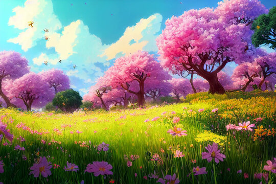 Beautiful fantasy landscape field full of spring with anime style color, digital painting background. 3D illustration