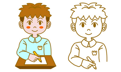 Simple vector illustration, short-haired little boy student studying hard at school writing paper notes on desk