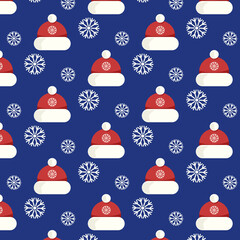 Winter hat and snowflakes seamless vector pattern, Christmas, New Year, for background, print, cards, wrapping paper, blue, red