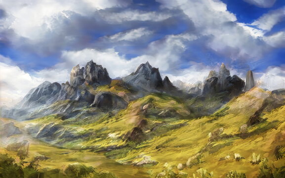 Fantastic Epic Magical Landscape of Mountains. Summer nature. Mystic Valley, tundra, forest, hills. Game assets. Celtic Medieval RPG gaming background. Rocks and grass. Ruins of an old castle