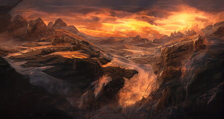 Fantastic Epic Magical Landscape of Mountains. Summer nature. Mystic Valley, tundra, forest, hills. Game assets. Celtic Medieval RPG gaming background. Rocks and grass. Sunrise and sunset