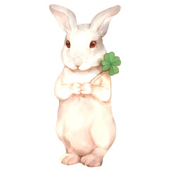 かわいい白うさぎ。立ち上がって四葉のクローバーを持っている。水彩風イラスト。