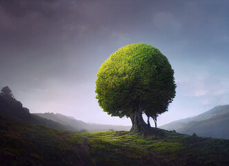 Fantasy green giant tree on top of a hill detailed, dramatic view, digital art painting. 3D rendering