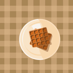 Belgian classic waffles in saucer on the brown checkered surface. Vector illustration