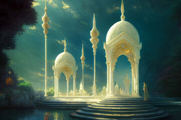 A seaside elven architecture temple with white marble fantasy background. 3D illustration
