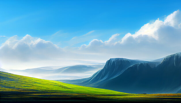 A fantasy field with mountain, blue sky and grass background in painting style. 3D illustration