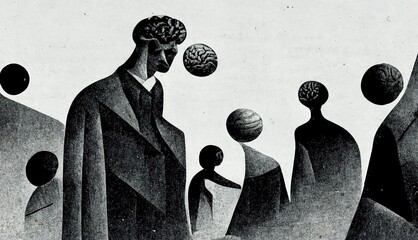 Black and white illustration of scientist brainstorm science meeting - obrazy, fototapety, plakaty