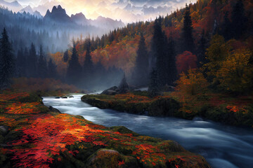 An autumn peaceful forest with mountain and river, digital art painting style background. 3D illustration