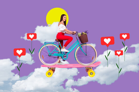 Drawing image collage poster of lady cycling up sky along like flowers network instagram meadow in surreal world