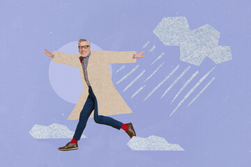 Retro abstract creative artwork template collage of running funny funky mature man coat autumn rainy weather clouds rainfall enjoy season